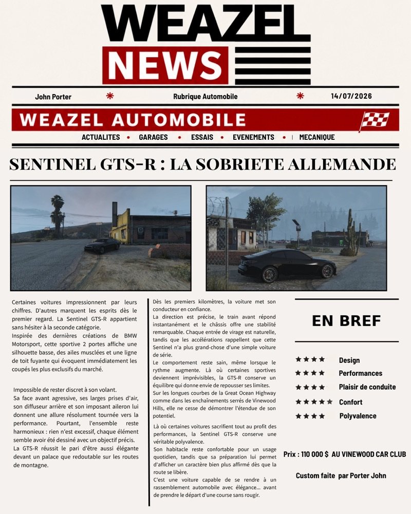 Weazel Automobile — Sentinel GTS-R